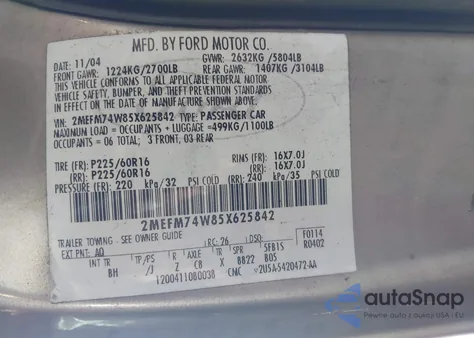 2005 Mercury Grand Marquis Gs из США, поврежденный, VIN 2MEFM74W85X625842